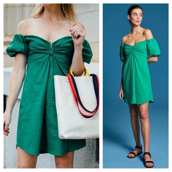 ALC / emerald Jade green Aniston puff sleeve off shoulder mini babydoll dress 8 - Picture 1 of 9